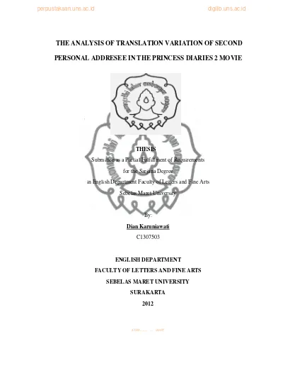 THE ANALYSIS OF TRANSLATION VARIATION OF SECOND PERSONAL ADDRESEE IN THE PRINCESS DIARIES 2 MOVIE