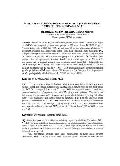 Korelasi Nilai Rapor Dan Nem Mata Pelajaran Ipa Mulai Tahun 2011 Sampai Dengan 2015 Jannatul Ma Wa Edy Tandililing Syukran Mursyid