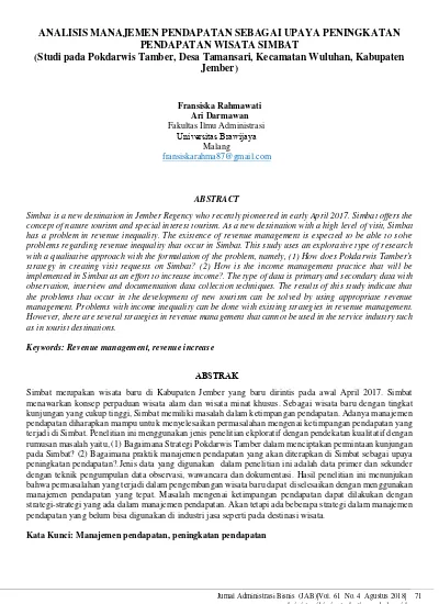 Analisis Manajemen Pendapatan Sebagai Upaya Peningkatan Pendapatan Wisata Simbat Studi Pada Pokdarwis Tamber Desa Tamansari Kecamatan Wuluhan Kabupaten Jember