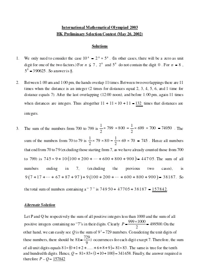 International Mathematical Olympiad 2003 HK Preliminary Selection Contest (May 26, 2002) Solutions