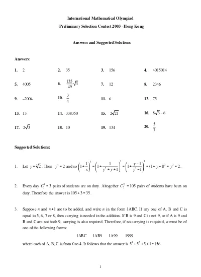 International Mathematical Olympiad Preliminary Selection Contest 2003 - Hong Kong Answers and Suggested Solutions Answers: 1.2