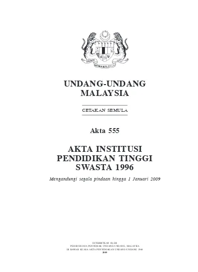 Undang Undang Malaysia Akta 555 Akta Institusi Pendidikan Tinggi Swasta 1996