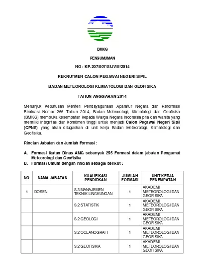 Pengumuman Penerimaan Cpns Bmkg 2014