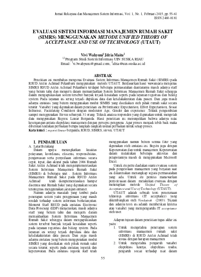 Evaluasi Sistem Informasi Manajemen Rumah Sakit Simrs Menggunakan Metode Unified Theory Of 6846