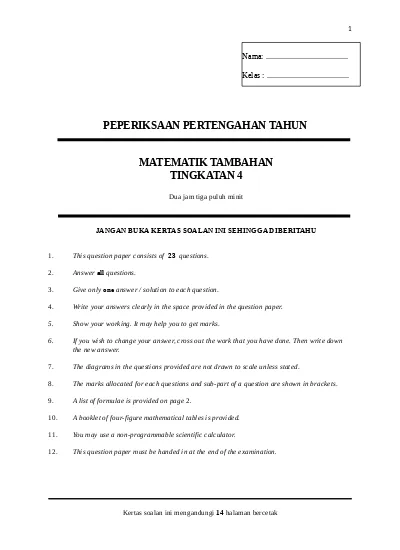 Ujian Pertengahan Tahun Matematik Tambahan Tingkatan 4