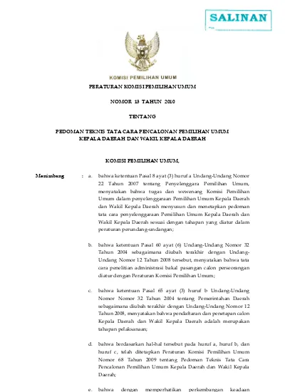 PERATURAN KOMISI PEMILIHAN UMUM NOMOR 13 TAHUN 2010 TENTANG PEDOMAN ...