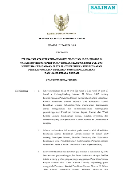 PERATURAN KOMISI PEMILIHAN UMUM NOMOR 17 TAHUN 2010 TENTANG PERUBAHAN ...