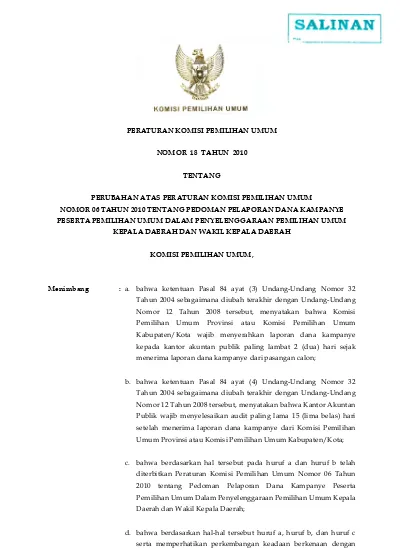 PERATURAN KOMISI PEMILIHAN UMUM NOMOR 18 TAHUN 2010 TENTANG PERUBAHAN ...