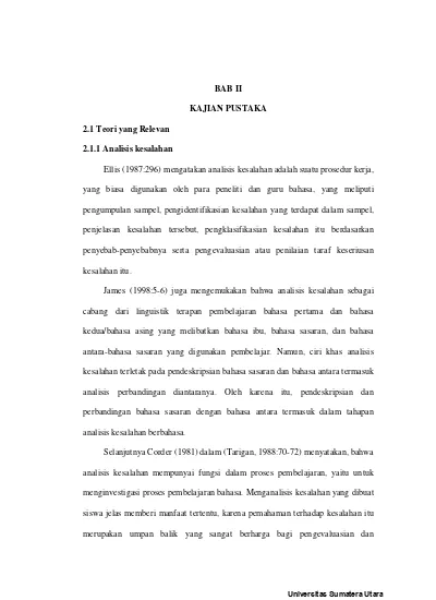 Bab Ii Kajian Pustaka 2 1 Teori Yang Relevan 2 1 1 Analisis Kesalahan Analisis Kesalahan Penggunaan Morfem Infleksi Dalam Konjugasi Bahasa Arab Pada Santriwati Kelas Ii Pesantren Darul Arafah