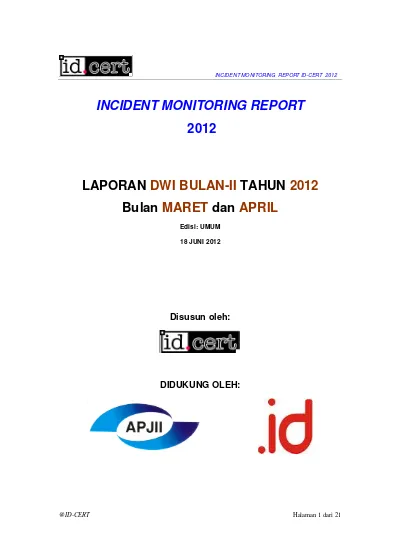 INCIDENT MONITORING REPORT 2012 LAPORAN DWI BULAN-II TAHUN 2012 Bulan ...