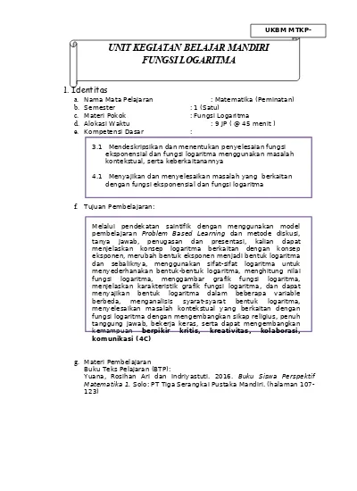 3 1 Mendeskripsikan Dan Menentukan Penyelesaian Fungsi Eksponensial Dan Fungsi Logaritma Menggunakan Masalah Kontekstual Serta Keberkaitanannya Ukbm X 3 1 4 1 2a Fungsi Logaritma