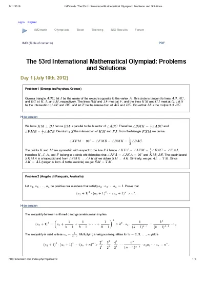 The 53rd International Mathematical Olympiad: Problems and Solutions