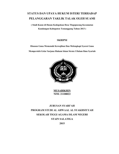 Top Pdf Status Dan Upaya Hukum Isteri Terhadap Pelanggaran Taklik Talak Oleh Suami Studi Kasus Di Dusun Kedopokan Desa Tlogopucang Kecamatan Kandangan Kabupaten Temanggung Tahun 2013 Test Repository 123dok Com
