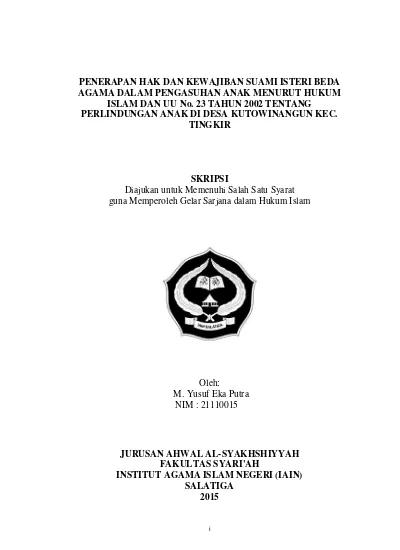 Penerapan Hak Dan Kewajiban Suami Isteri Beda Agama Dalam Pengasuhan Anak Menurut Hukum Islam Dan Uu No 23 Tahun 2002 Tentang Perlindungan Anak Di Desa Kutowinangun Kec Tingkir Test Repository