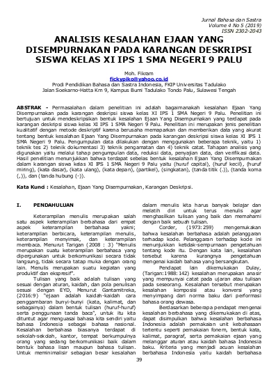 Analisis Kesalahan Ejaan Yang Disempurnakan Pada Karangan Deskripsi Siswa Kelas Xi Ips 1 Sma Negeri 9 Palu