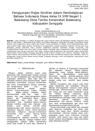 Penggunaan Majas Sindiran Dalam Pembelajaran Bahasa Indonesia Siswa Kelas Ix Smp Negeri 1 Balaesang Desa Tambu Kecamatan Balaesang Kabupaten Donggala