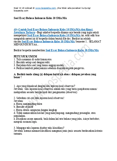 Soal Essay Bahasa Indonesia Kelas 8 Dan Kunci Jawaban