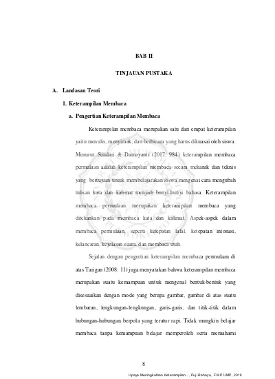 BAB II TINJAUAN PUSTAKA A. Landasan Teori 1. Keterampilan Membaca A ...