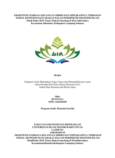 Eksistensi Lembaga Keuangan Mikro Dan Implikasinya Terhadap Sosial Ekonomi Masyarakat Dalam Perspektif Ekonomi Islam Studi Pada Lkm Tunas Mulyacemerlang Di Desa Sidowaluyo Kecamatan Sidomulyo Kabupaten Lampung Selatan Raden Intan Repository