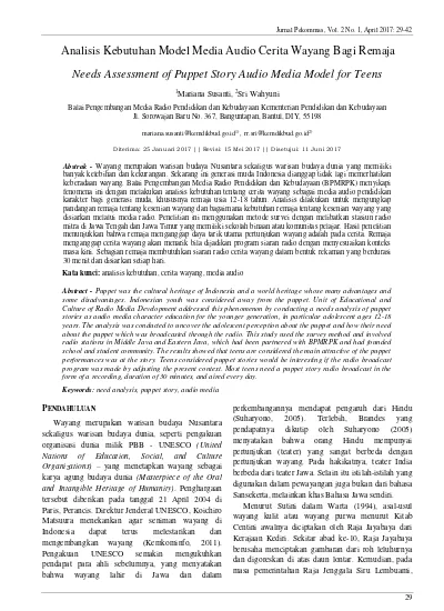 Analisis Kebutuhan Model Media Audio Cerita Wayang Bagi Remaja Needs Assessment Of Puppet Story Audio Media Model For Teens