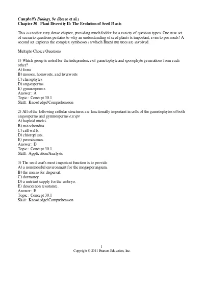 Biology Campbell & Reece 9th Edition A&P version Test Bank chapter30