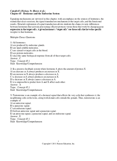 Biology Campbell & Reece 9th Edition A&P version Test Bank chapter45