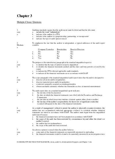 Test bank Auditing and Assuarance Services 13h Arens Chapter 3