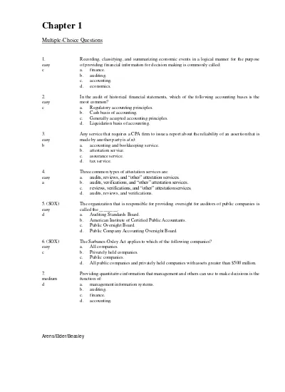 Test Bank with Answers for Auditing and Assurance Services 13e by Arens Chapter 1