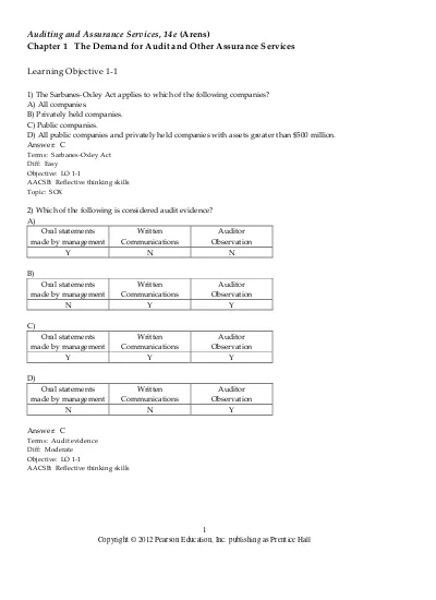 Test Bank with Answers for Auditing and Assurance Services 14E by Alvin A Arens and Randal J Elder chapter 1