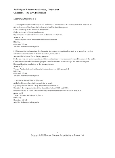 Test Bank with Answers for Auditing and Assurance Services 14E by Alvin A Arens and Randal J Elder chapter 6