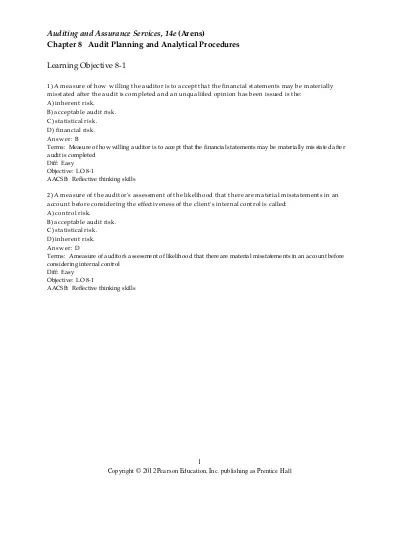 Test Bank with Answers for Auditing and Assurance Services 14E by Alvin A Arens and Randal J Elder chapter 8