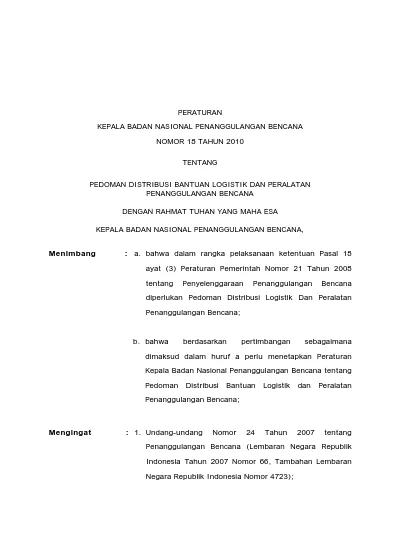 PERATURAN KEPALA BADAN NASIONAL PENANGGULANGAN BENCANA NOMOR 18 TAHUN ...