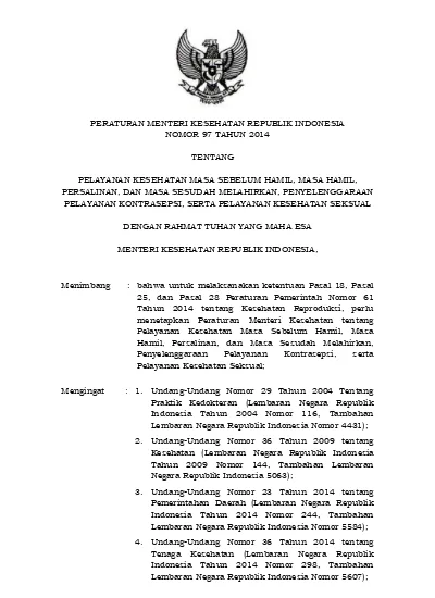 PERATURAN MENTERI KESEHATAN REPUBLIK INDONESIA NOMOR 97 TAHUN 2014 TENTANG