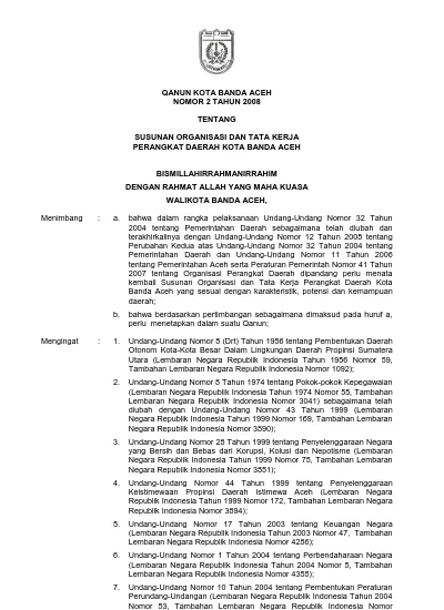 QANUN KOTA BANDA ACEH NOMOR 2 TAHUN 2008 TENTANG SUSUNAN ORGANISASI DAN ...