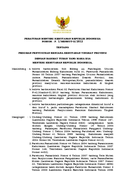 PERATURAN MENTERI KEHUTANAN REPUBLIK INDONESIA NOMOR : P. 1/MENHUT-II ...