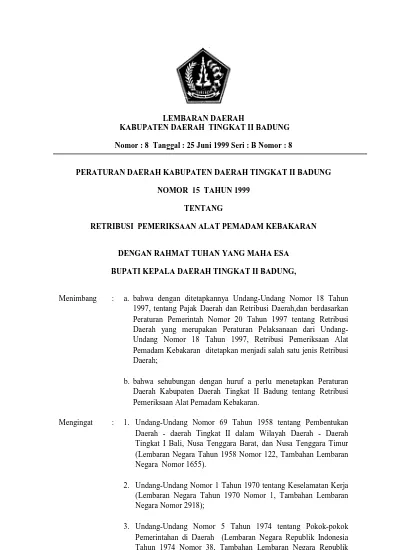 Lembaran Daerah Kabupaten Daerah Tingkat Ii Badung Nomor 8 Tanggal 25 Juni 1999 Seri B Nomor 8