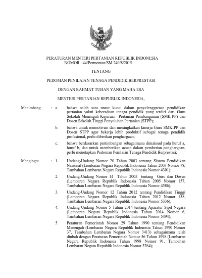 PERATURAN MENTERI PERTANIAN REPUBLIK INDONESIA NOMOR : 44/Permentan/SM ...