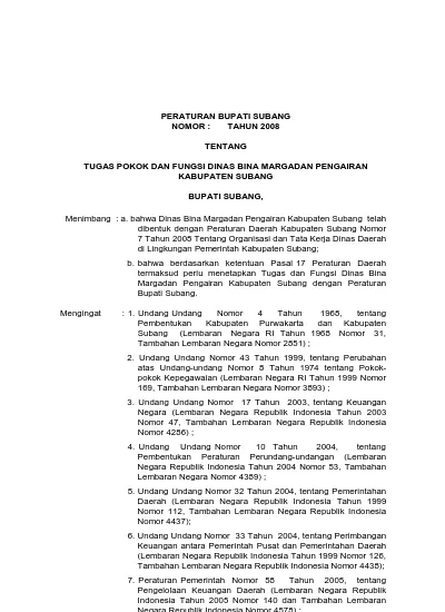 PERATURAN BUPATI SUBANG NOMOR : TAHUN 2008 TENTANG TUGAS POKOK DAN ...