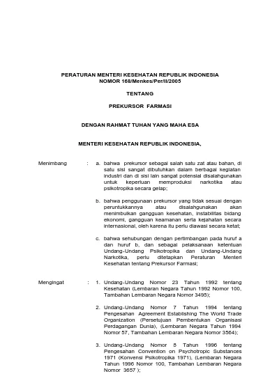 PERATURAN MENTERI KESEHATAN REPUBLIK INDONESIA NOMOR 168/Menkes/Per/II ...