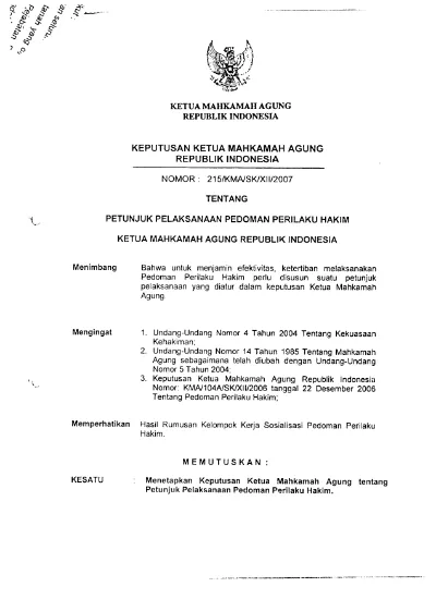 Keputusan Ketua Mahkamah Agung Republik Indonesia Petunjuk Pelaksanaan Pedoman Perilaku Hakim