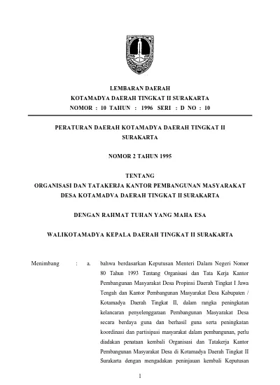 LEMBARAN DAERAH KOTAMADYA DAERAH TINGKAT II SURAKARTA NOMOR : 10 TAHUN ...