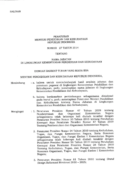 PERATURAN MENTERI PENDIDIKAN DAN KEBUDAYAAN REPUBLIK INDONESIA NOMOR 27 ...