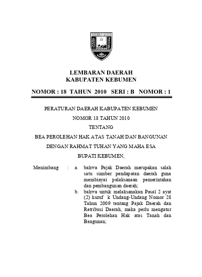 LEMBARAN DAERAH KABUPATEN KEBUMEN NOMOR : 18 TAHUN 2010 SERI : B NOMOR : 1