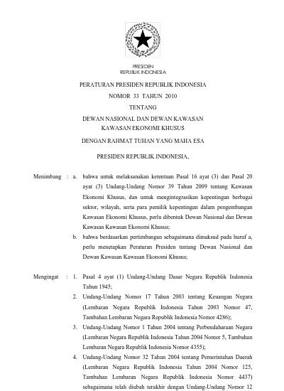 PERATURAN PRESIDEN REPUBLIK INDONESIA NOMOR 33 TAHUN 2010 TENTANG DEWAN ...