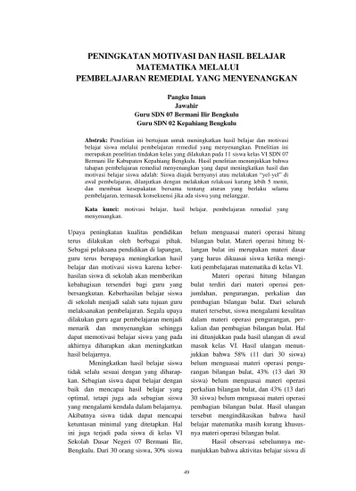 Peningkatan Motivasi Dan Hasil Belajar Matematika Melalui Pembelajaran Remedial Yang Menyenangkan