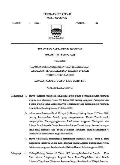 LEMBARAN DAERAH KOTA BANDUNG TAHUN : 2009 NOMOR : 21 PERATURAN DAERAH ...