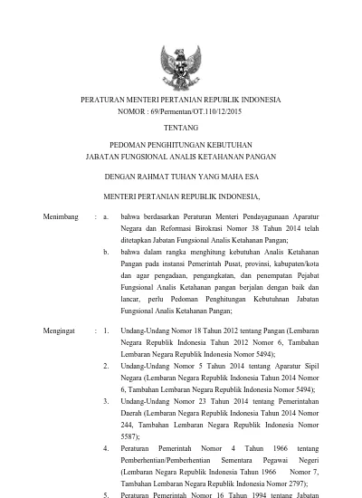 PERATURAN MENTERI PERTANIAN REPUBLIK INDONESIA NOMOR : 69/Permentan/OT ...