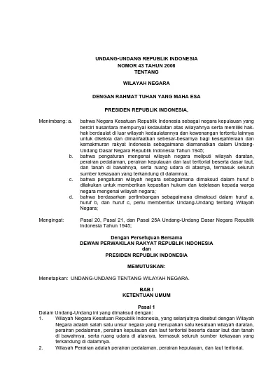 UNDANG-UNDANG REPUBLIK INDONESIA NOMOR 43 TAHUN 2008 TENTANG WILAYAH ...