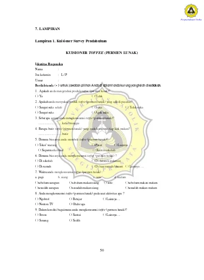 7 Lampiran Lampiran 1 Kuisioner Survey Pendahuluan Kuisioner Toffee