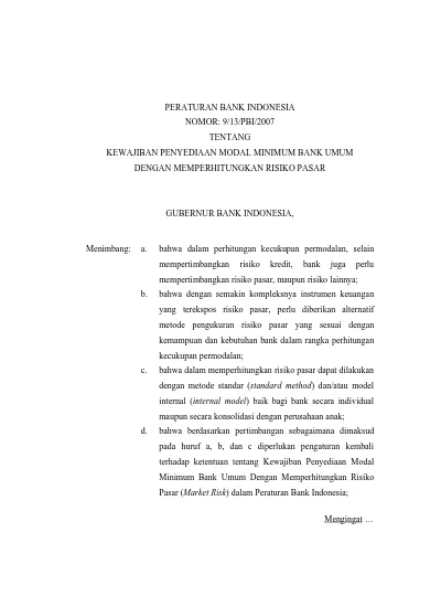 PERATURAN BANK INDONESIA NOMOR: 9/13/PBI/2007 TENTANG KEWAJIBAN ...